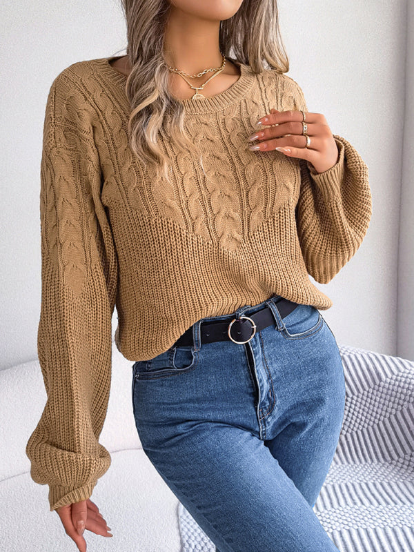 Sweaters- Cable Knitted Drop Shoulder Sweater- - Pekosa Women Clothing