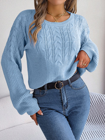 Sweaters- Cable Knitted Drop Shoulder Sweater- - Pekosa Women Clothing