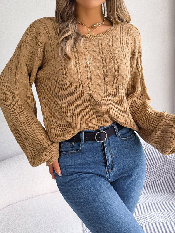 Sweaters- Cable Knitted Drop Shoulder Sweater- - Pekosa Women Clothing