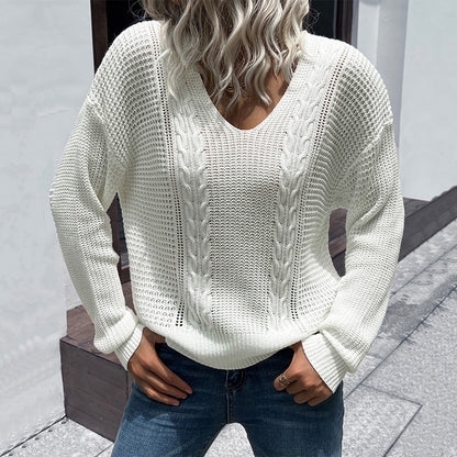 Sweaters- Cable Knitted V-Neck Drop Shoulder Sweater- White- Pekosa Women Clothing