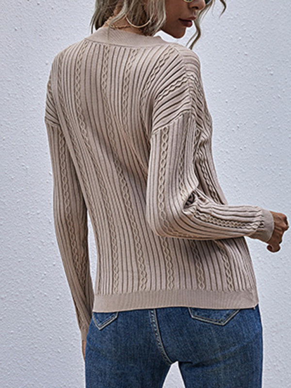 Sweaters- Cable Knitted V-Neck Sweater- - Pekosa Women Clothing