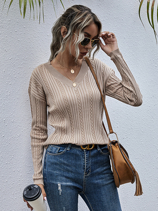 Sweaters- Cable Knitted V-Neck Sweater- - Pekosa Women Clothing