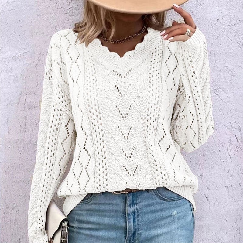 Sweaters- Cable Open Knit Cozy V-Neck Sweater Jumper- White- Pekosa Women Clothing