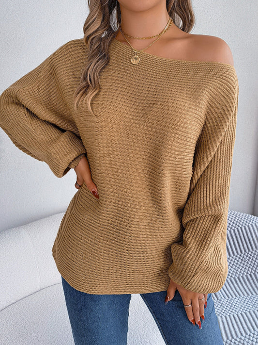 Sweaters- Casual Autumn-Winter Knit Batwing Sleeve Boatneck Sweater- Khaki- Pekosa Women Clothing