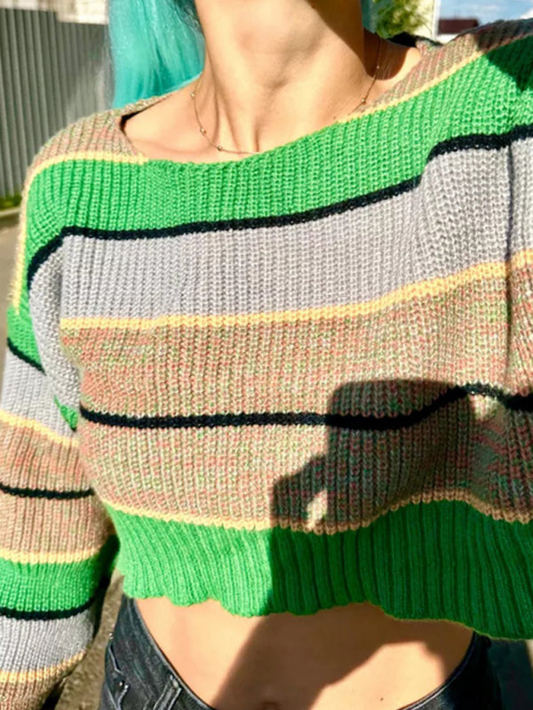 Sweaters- Casual Cozy Stripe Crop Sweater- - Pekosa Women Clothing