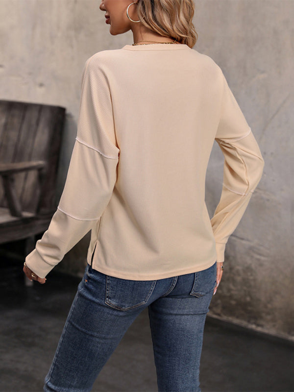 Sweaters- Casual Textured Half-Button Crew Neck Sweater Top- - Pekosa Women Clothing