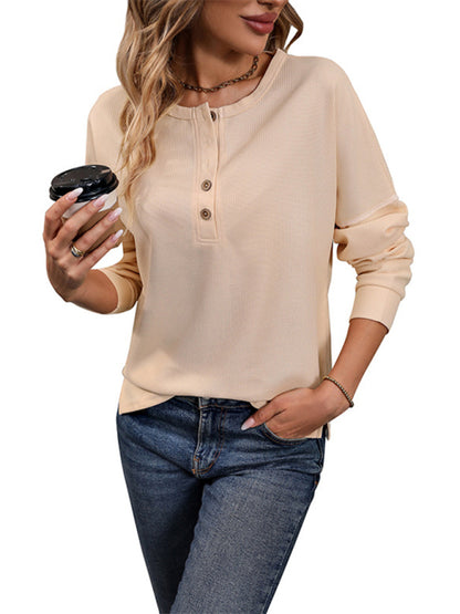 Sweaters- Casual Textured Half-Button Crew Neck Sweater Top- - Pekosa Women Clothing