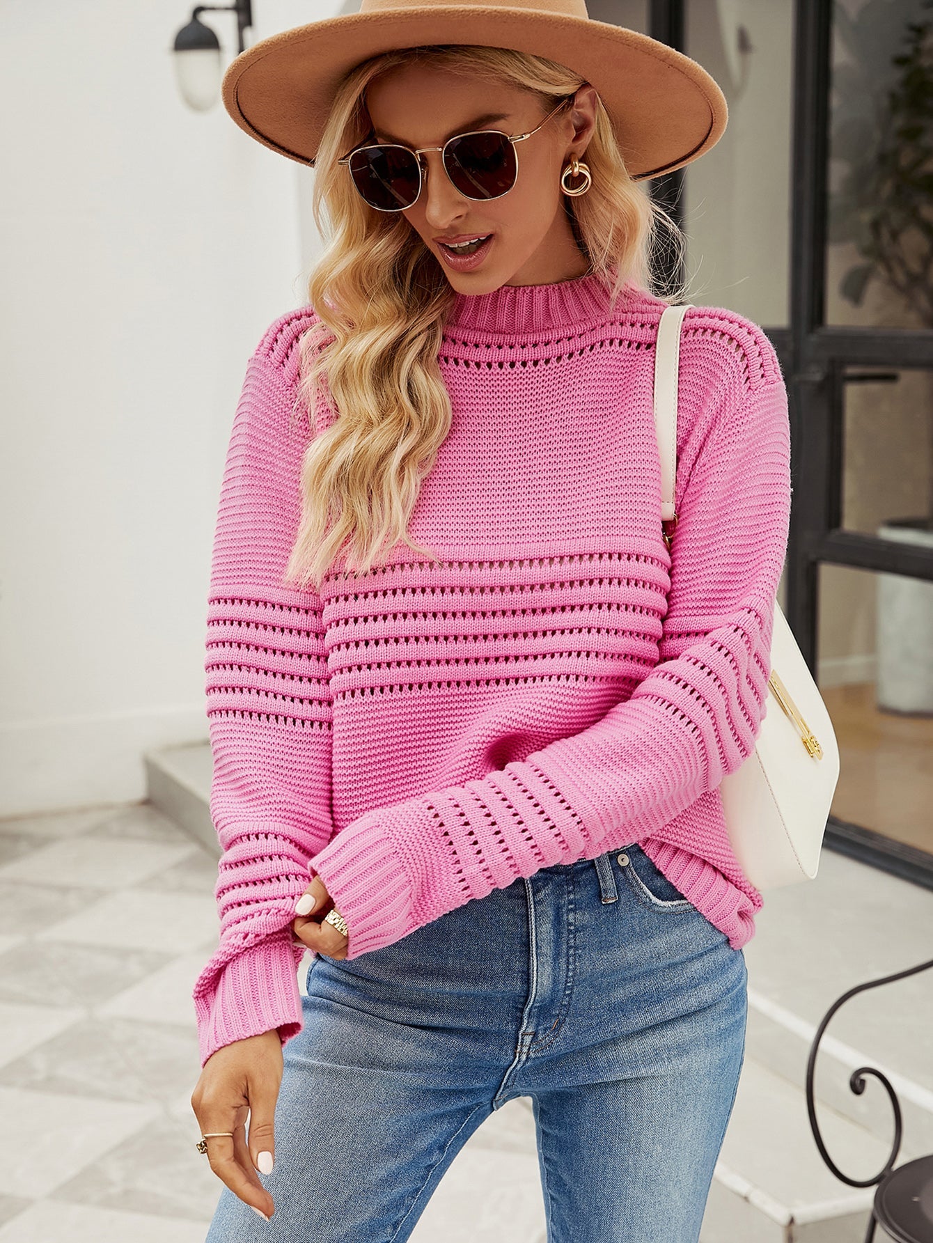 Sweaters- Charming Eyelet Accents Sweater - Women's Round Neck Knitted Pullover- - Pekosa Women Clothing