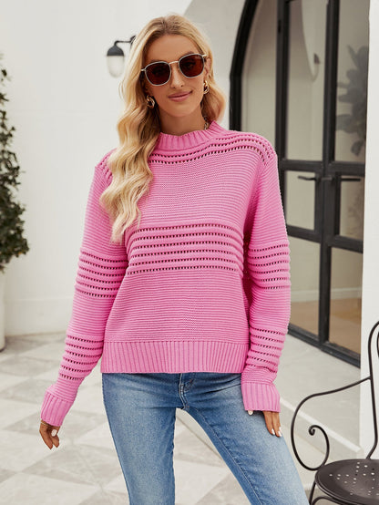 Sweaters- Charming Eyelet Accents Sweater - Women's Round Neck Knitted Pullover- - Pekosa Women Clothing