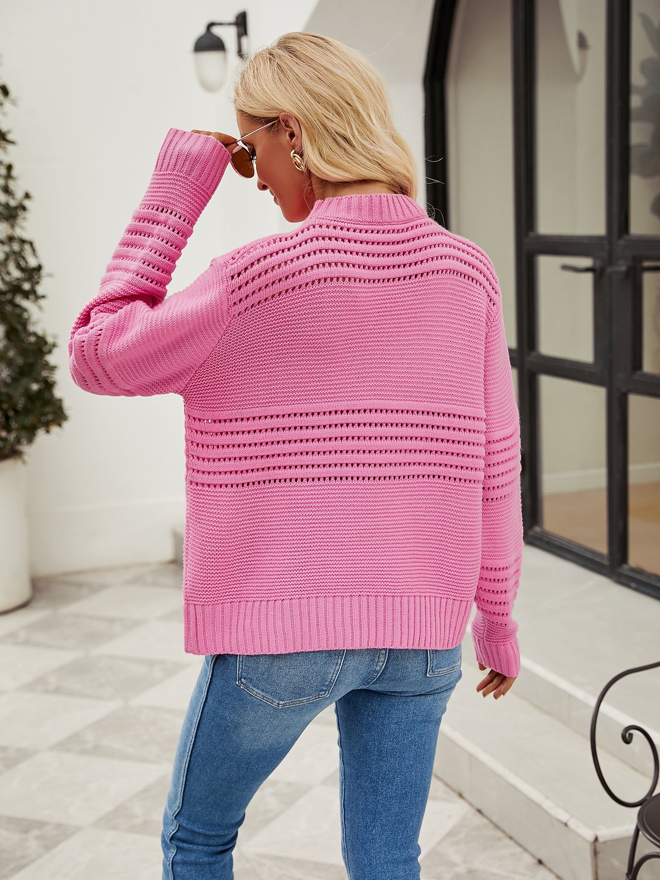 Sweaters- Charming Eyelet Accents Sweater - Women's Round Neck Knitted Pullover- - Pekosa Women Clothing