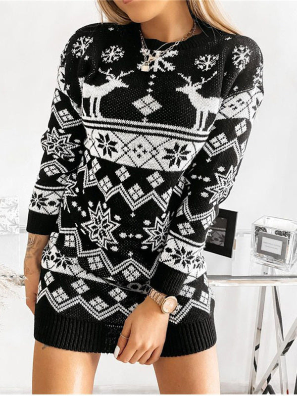 Sweaters- Christmas Knit Cozy Elk Snowflake Xmas Sweater Dress- Black- Pekosa Women Clothing