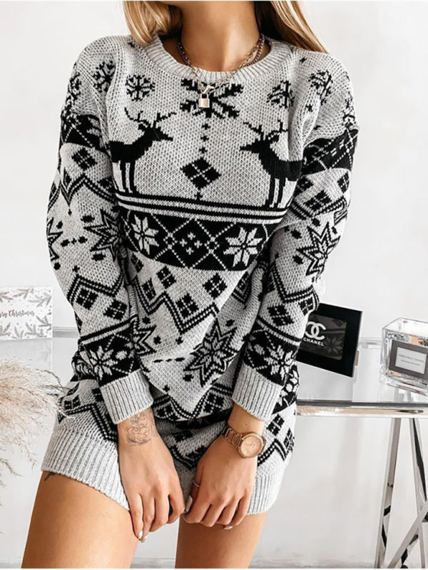 Sweaters- Christmas Knit Cozy Elk Snowflake Xmas Sweater Dress- Grey- Pekosa Women Clothing