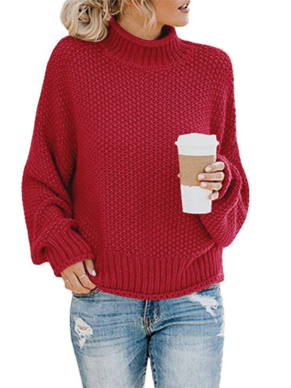 Sweaters- Cold-Proof Turtleneck Oversized Sweater Jumper- Wine Red- Pekosa Women Clothing