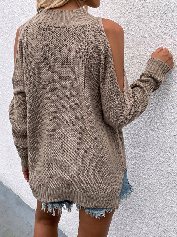 Sweaters- Cold-Shoulder Cable Knit Sweater Jumper- - Pekosa Women Clothing