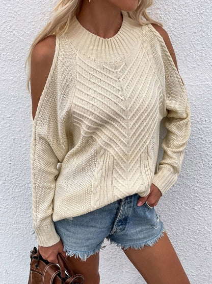 Sweaters- Cold-Shoulder Cable Knit Sweater Jumper- Cracker khaki- Pekosa Women Clothing