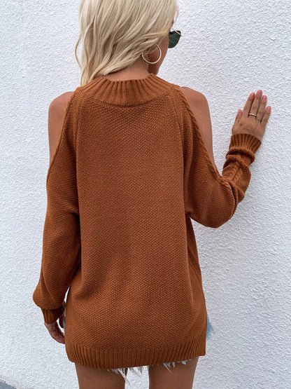 Sweaters- Cold-Shoulder Cable Knit Sweater Jumper- - Pekosa Women Clothing