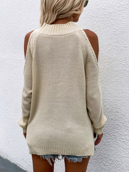 Sweaters- Cold-Shoulder Cable Knit Sweater Jumper- - Pekosa Women Clothing