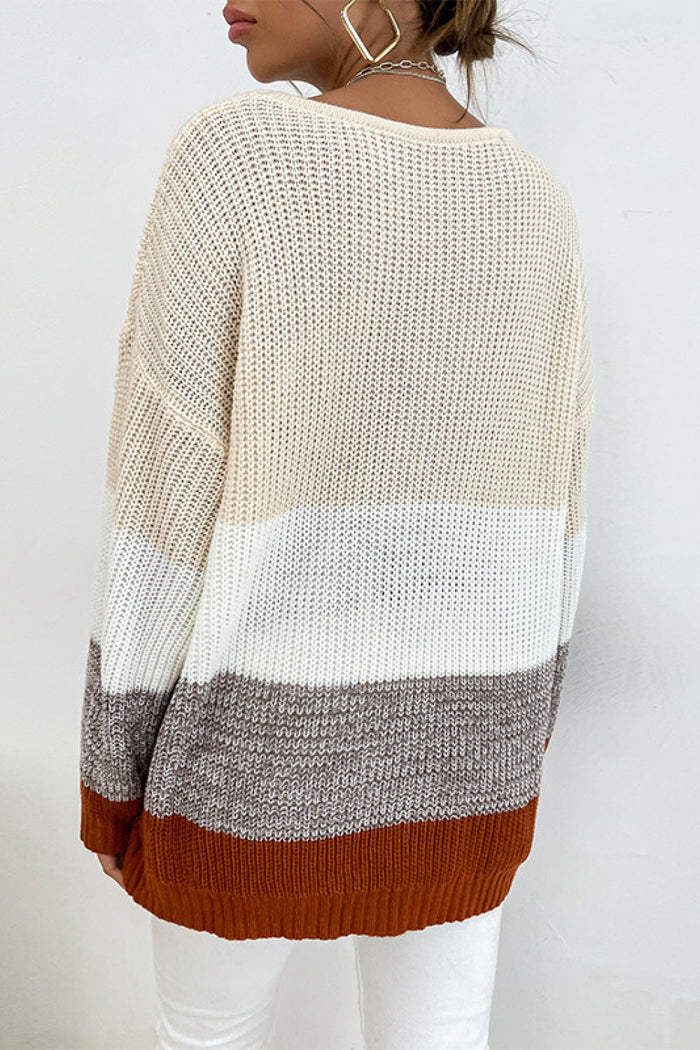 Sweaters- Colorblock Knit Sweater - Pullover with Drop Shoulders, Ribbed Finish- - Pekosa Women Clothing