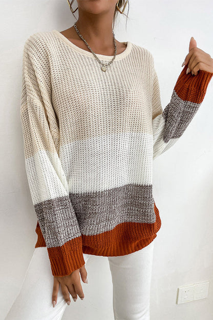 Sweaters- Colorblock Knit Sweater - Pullover with Drop Shoulders, Ribbed Finish- Cracker khaki- Pekosa Women Clothing