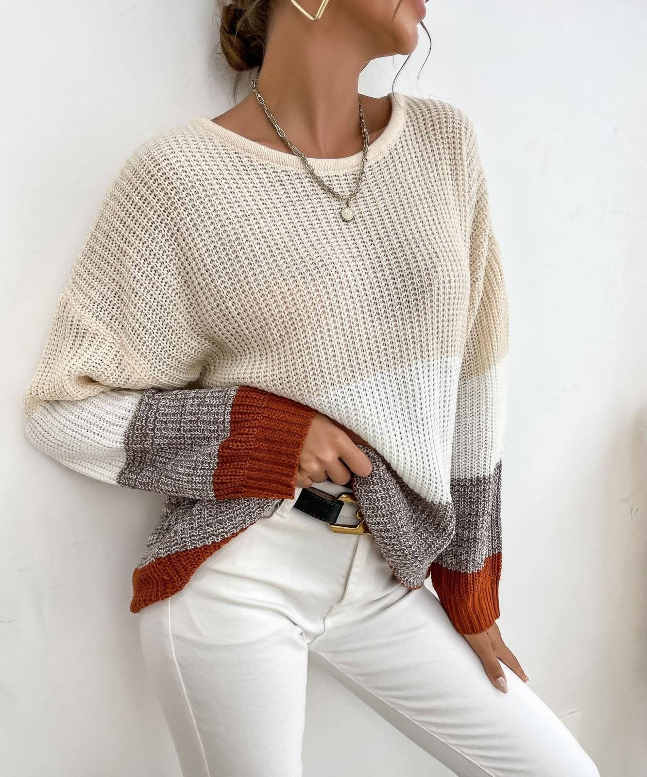 Sweaters- Colorblock Knit Sweater - Pullover with Drop Shoulders, Ribbed Finish- - Pekosa Women Clothing