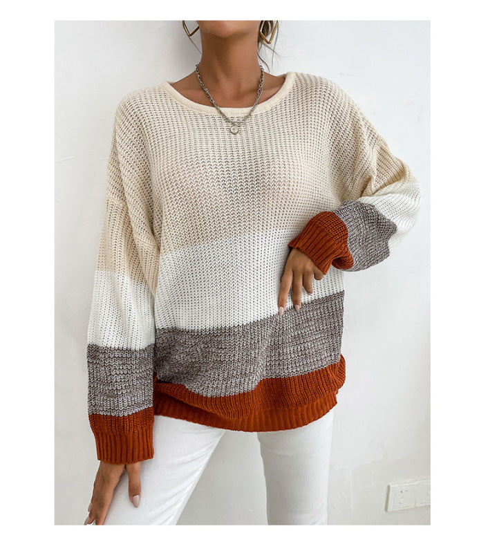 Sweaters- Colorblock Knit Sweater - Pullover with Drop Shoulders, Ribbed Finish- - Pekosa Women Clothing