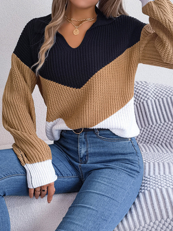 Sweaters- Colorblock Knitted Sweater - Warm Wool Knitwear Top- - Pekosa Women Clothing