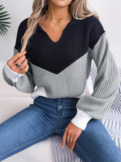 Sweaters- Colorblock Knitted Sweater - Warm Wool Knitwear Top- - Pekosa Women Clothing