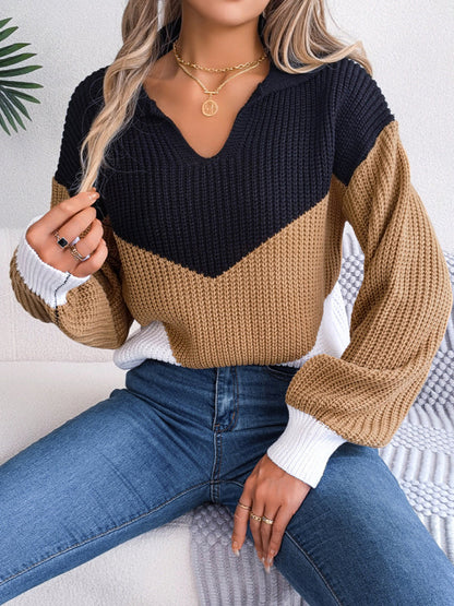 Sweaters- Colorblock Knitted Sweater - Warm Wool Knitwear Top- - Pekosa Women Clothing