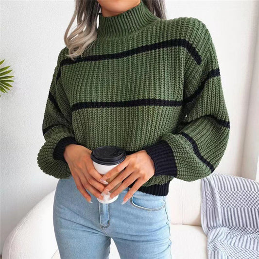 Sweaters- Cozy Chic: Winter's High Neck Stripe Sweater Jumper- Green- Pekosa Women Clothing