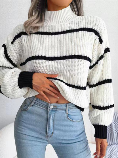 Sweaters- Cozy Chic: Winter's High Neck Stripe Sweater Jumper- White- Pekosa Women Clothing