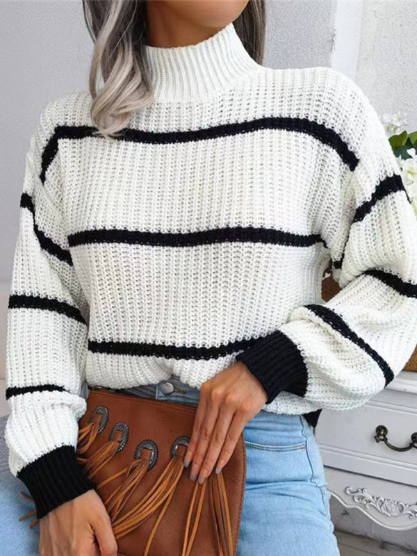 Sweaters- Cozy Chic: Winter's High Neck Stripe Sweater Jumper- - Pekosa Women Clothing