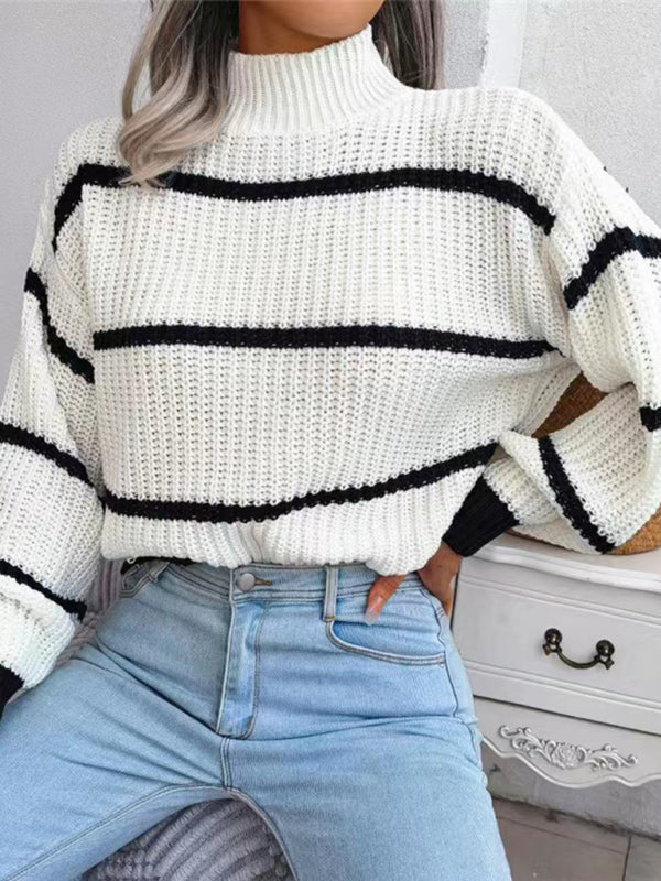 Sweaters- Cozy Chic: Winter's High Neck Stripe Sweater Jumper- - Pekosa Women Clothing