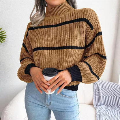 Sweaters- Cozy Chic: Winter's High Neck Stripe Sweater Jumper- Khaki- Pekosa Women Clothing