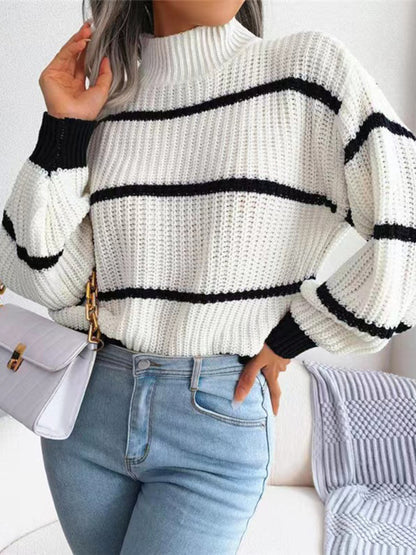 Sweaters- Cozy Chic: Winter's High Neck Stripe Sweater Jumper- - Pekosa Women Clothing