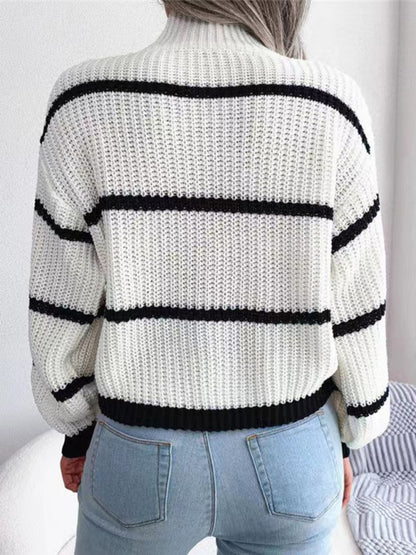 Sweaters- Cozy Chic: Winter's High Neck Stripe Sweater Jumper- - Pekosa Women Clothing