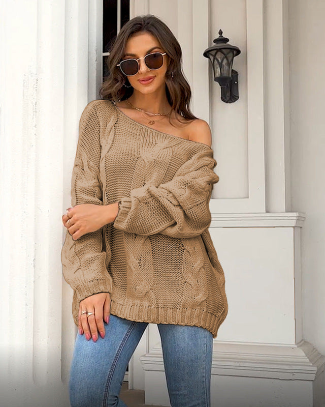 Sweaters- Cozy Chunky Cable Knit Oversized Sweater Jumper- Khaki- Pekosa Women Clothing