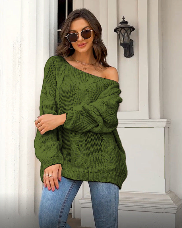 Sweaters- Cozy Chunky Cable Knit Oversized Sweater Jumper- Green- Pekosa Women Clothing