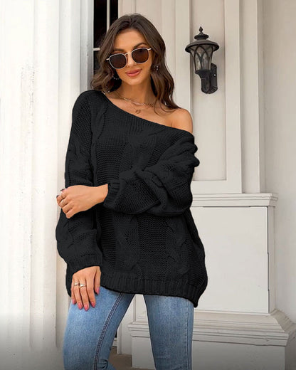 Sweaters- Cozy Chunky Cable Knit Oversized Sweater Jumper- Black- Pekosa Women Clothing