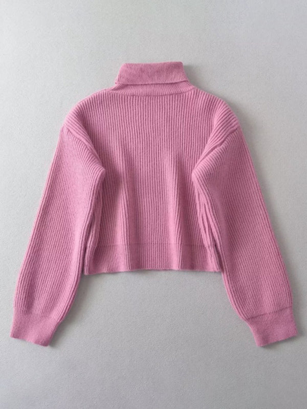 Sweaters- Cozy Knit High Neck Crop Sweater | Turtleneck Jumper- - Pekosa Women Clothing