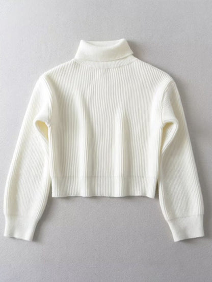 Sweaters- Cozy Knit High Neck Crop Sweater | Turtleneck Jumper- White- Pekosa Women Clothing