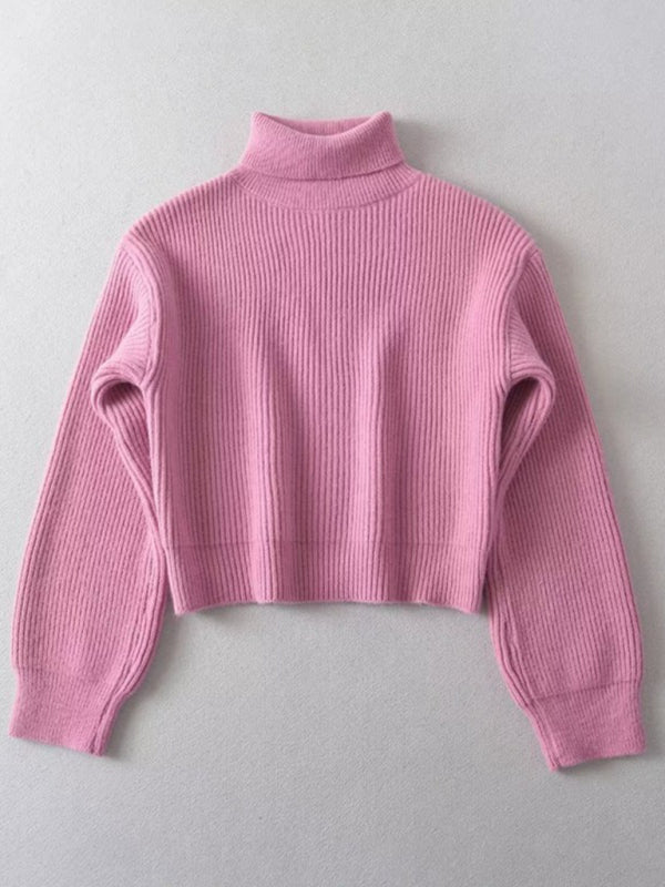 Sweaters- Cozy Knit High Neck Crop Sweater | Turtleneck Jumper- Pink- Pekosa Women Clothing