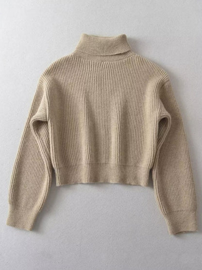 Sweaters- Cozy Knit High Neck Crop Sweater | Turtleneck Jumper- Khaki- Pekosa Women Clothing