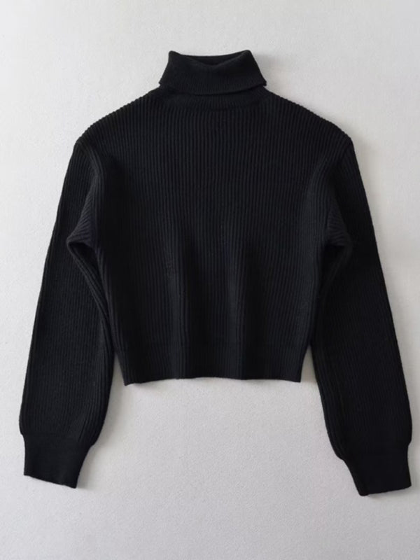 Sweaters- Cozy Knit High Neck Crop Sweater | Turtleneck Jumper- Black- Pekosa Women Clothing