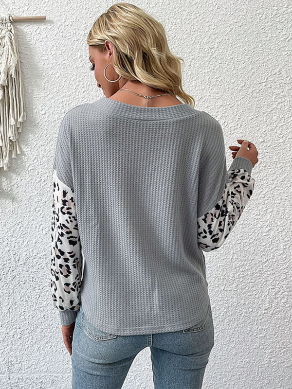 Sweaters- Cozy Knitted V-Neck Sweater in Couture Leopard Patchwork- - Pekosa Women Clothing