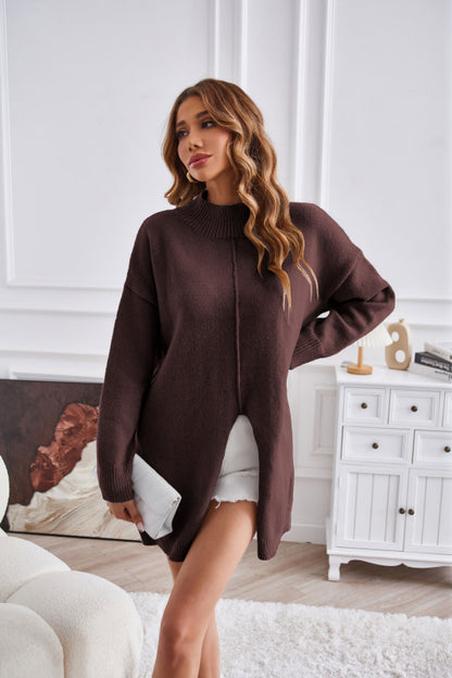 Sweaters- Cozy Knitting High Neck Sweater for Fall- Coffee- Pekosa Women Clothing