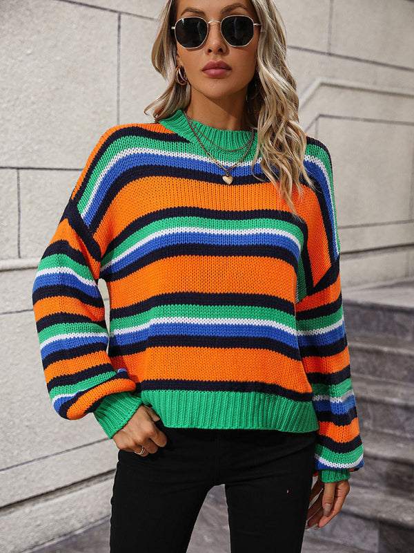 Sweaters- Cozy Up in Stripes: Oversized Knit Jumper Sweater- Green- Pekosa Women Clothing