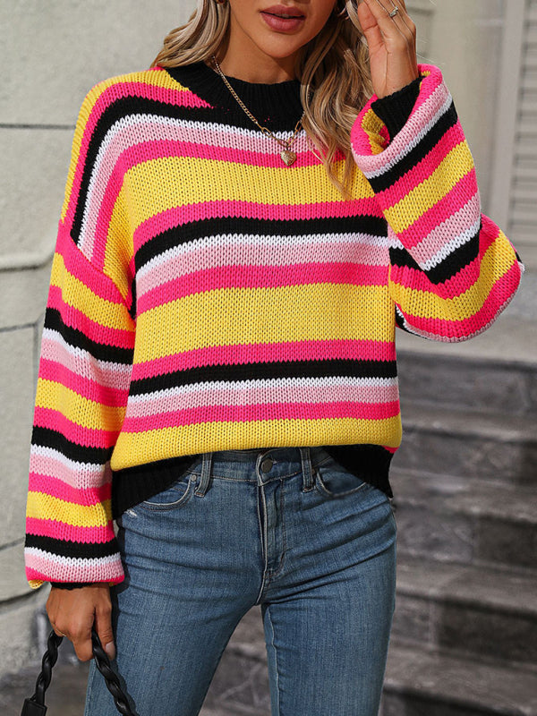 Sweaters- Cozy Up in Stripes: Oversized Knit Jumper Sweater- - Pekosa Women Clothing