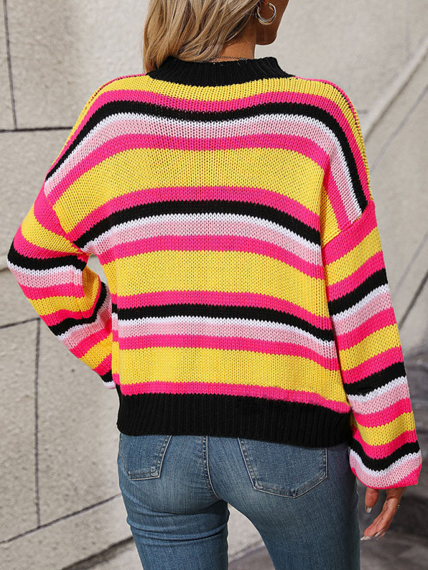 Sweaters- Cozy Up in Stripes: Oversized Knit Jumper Sweater- - Pekosa Women Clothing