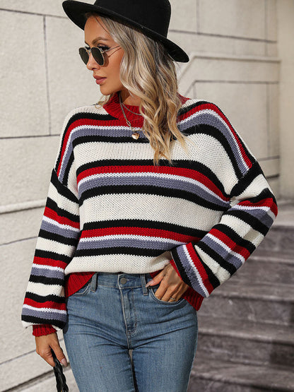 Sweaters- Cozy Up in Stripes: Oversized Knit Jumper Sweater- - Pekosa Women Clothing