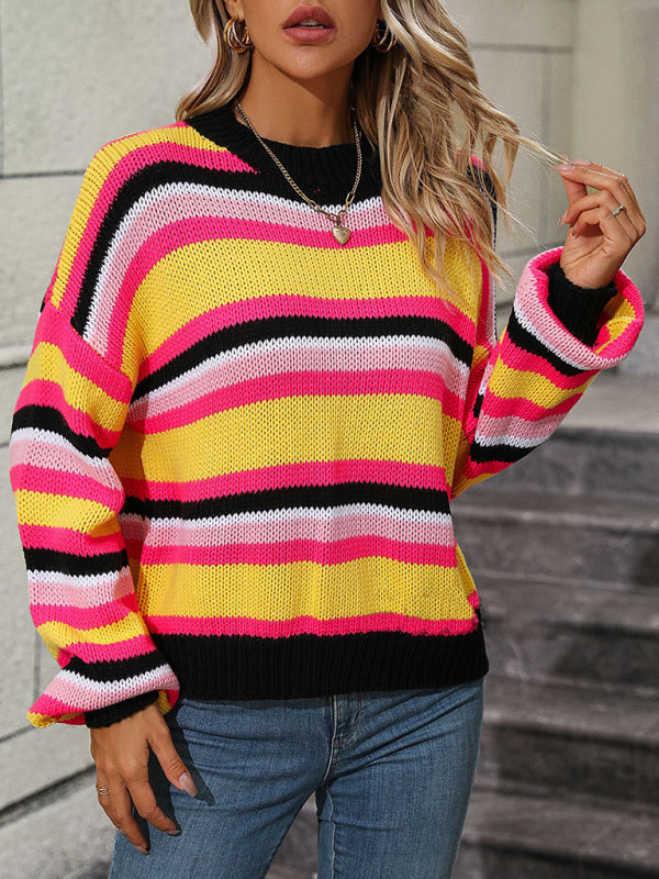 Sweaters- Cozy Up in Stripes: Oversized Knit Jumper Sweater- - Pekosa Women Clothing